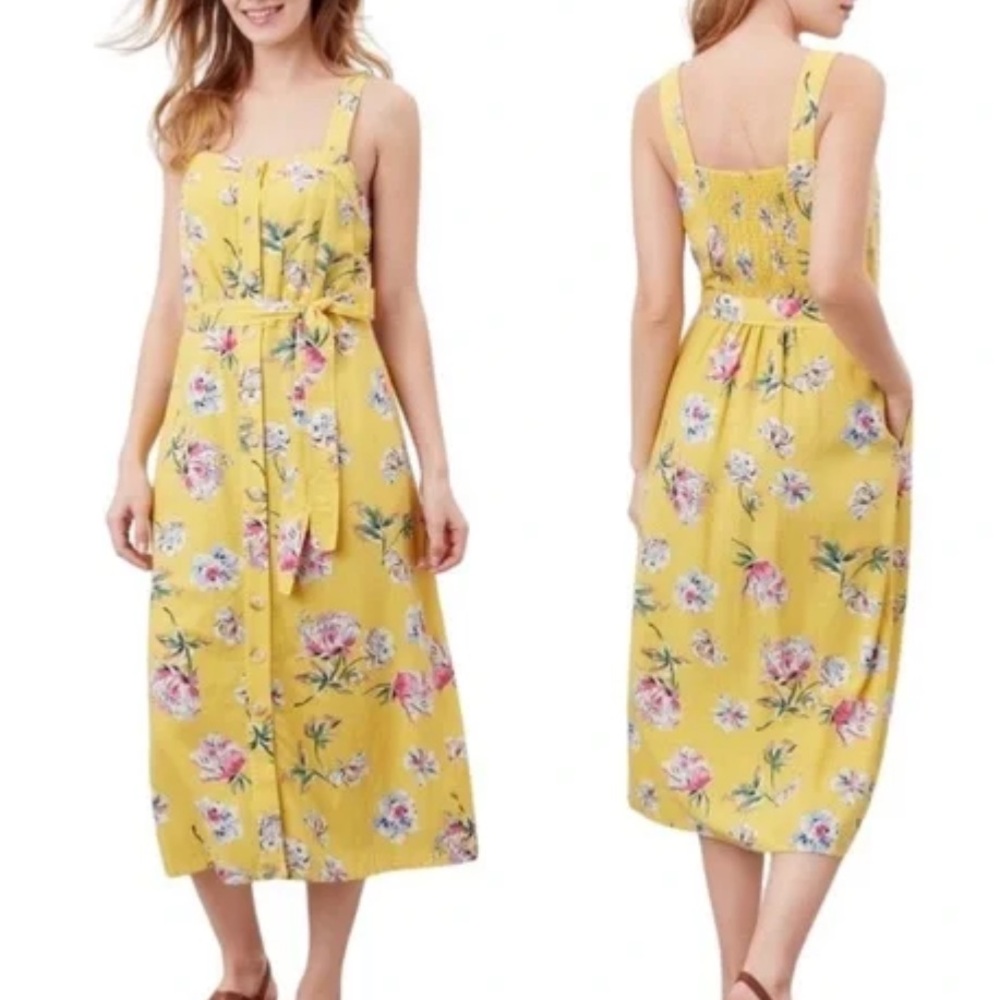 Joules Yellow Floral Print Sleeveless Button Down Dress 0987